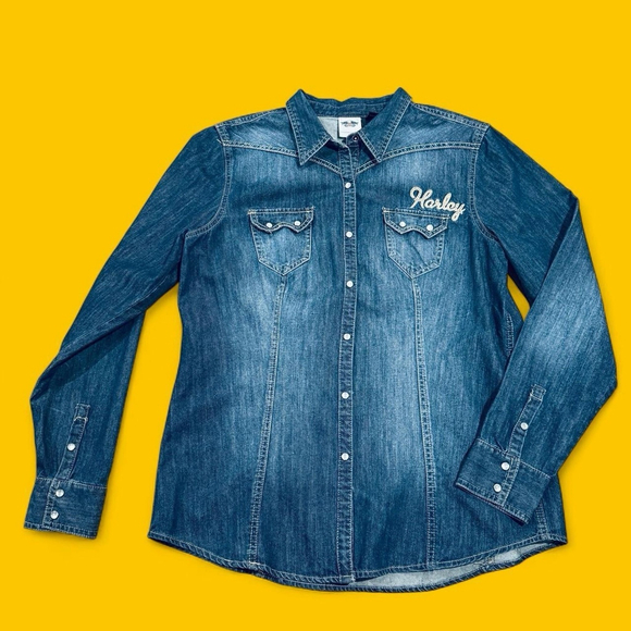 Harley-Davidson Denim Button Down Shirt Women XL Western Snap Logo Embroidered - Picture 6 of 10